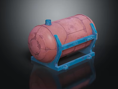 Red Cylindrical Industrial Storage Tank With Blue Support Frame And Base Structure 3d model