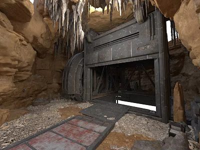 Cave Interior With Metal Gate Surrounded By Rocks Stalactites And Stone Path 3d model