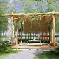Wooden Garden Pavilion with Wicker Screens Surrounded by Bamboo Lush Greenery and Stone Path