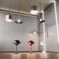 Modern Pendant And Table Lighting Fixture Combination With White Black Red Shades In Minimalist Interior