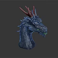 Detailed Dragon Head Sculpture With Spiked Horns And Gray Textured Surface Design