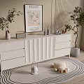Modern White Console Cabinet With Drawer Design Green Plants Decorative Painting Small Ornaments And Rug