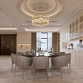Elegant Living And Dining Room Interior With Chandelier Marble Feature Wall Fireplace And Large Windows