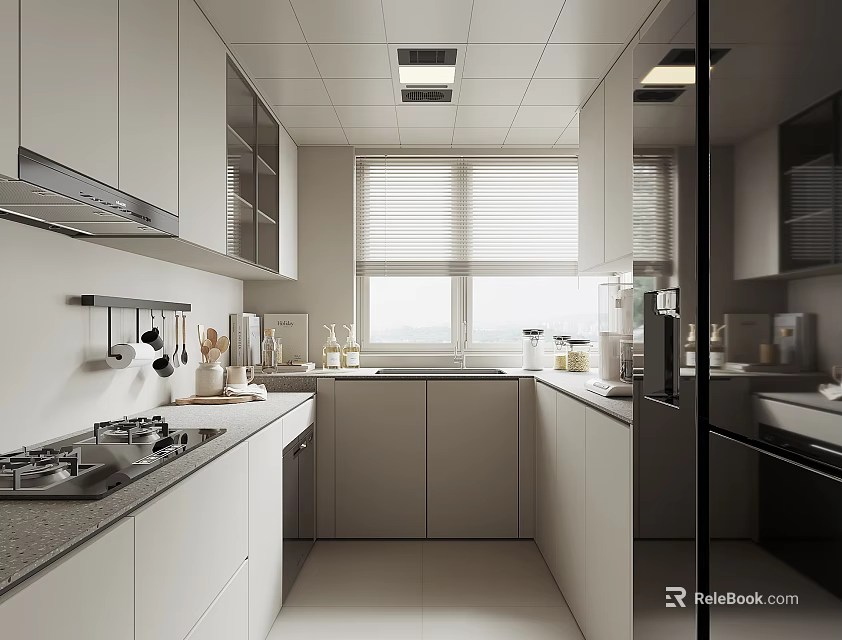 Modern Kitchen Interior With White Cabinets Gray Countertops Window Blinds And Appliances 3d model 