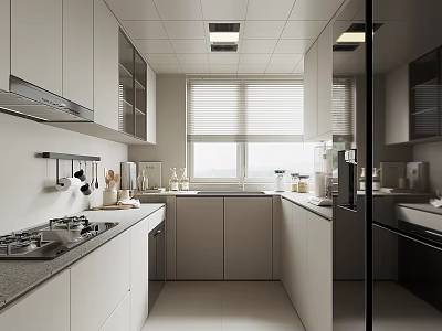Modern Kitchen Interior With White Cabinets Gray Countertops Window Blinds And Appliances 3d model