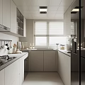 Modern Kitchen Interior With White Cabinets Gray Countertops Window Blinds And Appliances