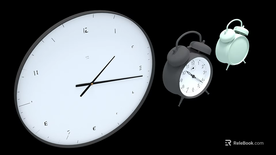 Modern Clocks Collection With Wall Clock And Alarm Clocks In Black And Light Green 3d model 
