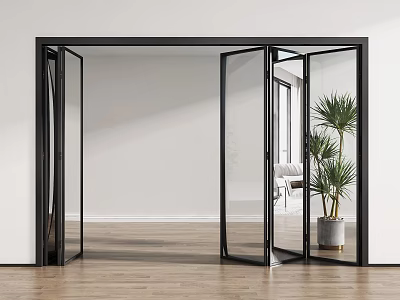 Folding Doors With Glass Panels And Black Frame In Modern Interior Space Wooden Floor 3d model
