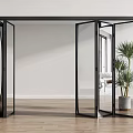 Folding Doors With Glass Panels And Black Frame In Modern Interior Space Wooden Floor
