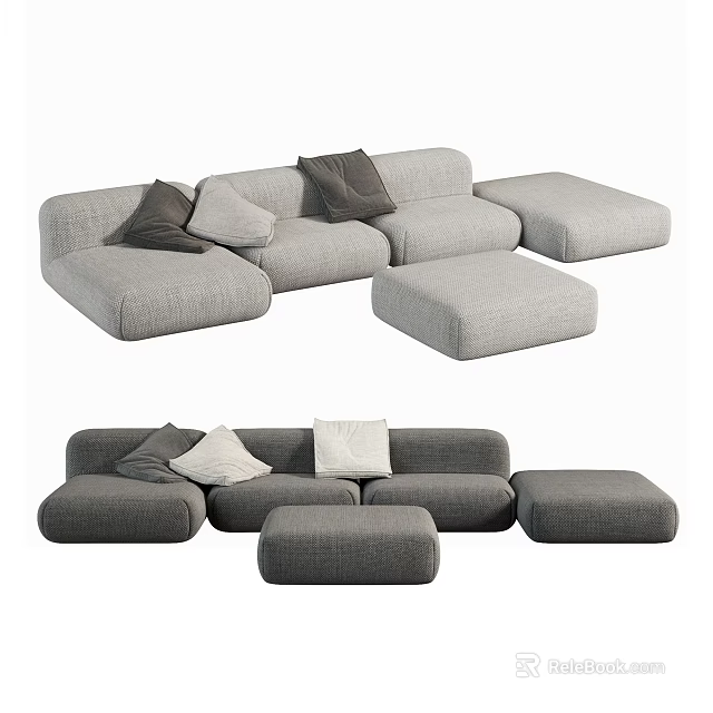 Modern Gray Sectional Sofa With Soft Pillows And Matching Ottoman 3d model 