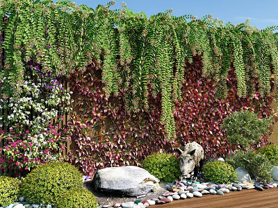 Lush Living Plant Wall with Hanging Greenery Colorful Foliage Stone Statue Pebbles and Wooden Floor 3d model