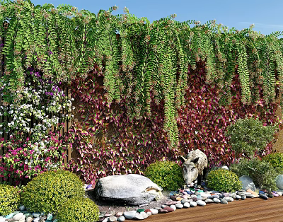 Lush Living Plant Wall with Hanging Greenery Colorful Foliage Stone Statue Pebbles and Wooden Floor 3d model