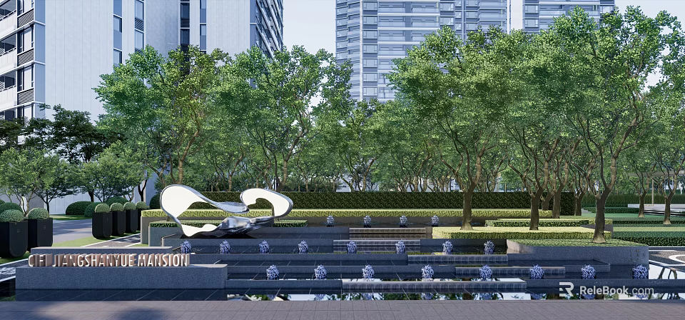 Modern Garden Landscape With Lush Green Trees Artistic Sculpture And Tiered Water Features 3d model 