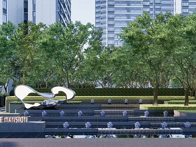 Modern Garden Landscape With Lush Green Trees Artistic Sculpture And Tiered Water Features 3d model