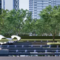 Modern Garden Landscape With Lush Green Trees Artistic Sculpture And Tiered Water Features