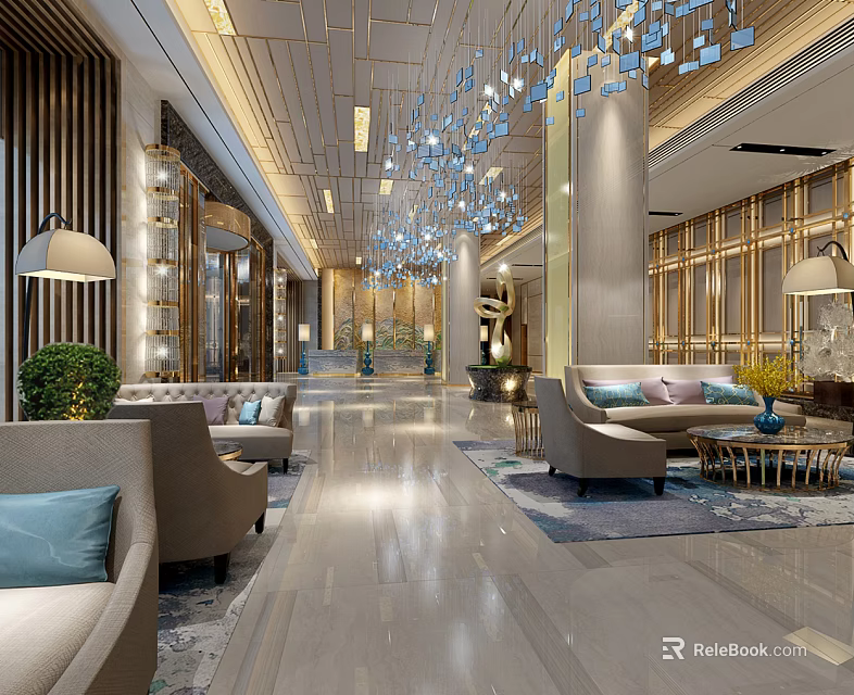 Elegant Modern Hotel Lobby Interior Design With Luxury Chandelier Comfortable Sofas And Marble Floor 3d model 