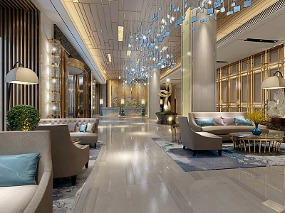 Elegant Modern Hotel Lobby Interior Design With Luxury Chandelier Comfortable Sofas And Marble Floor 3d model