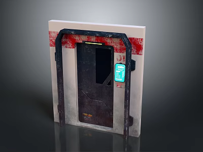 Dark Door With White Frame Red Stains And Green Label On Metal Structure 3d model