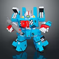 Blue Block Style Robot Character With Red Chest Details And White Arm Components 3d model