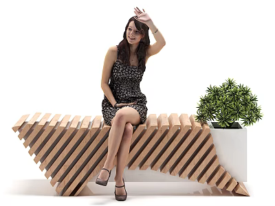Modern Outdoor Slanted Wooden Striped Bench With Green Plant In Garden 3d model