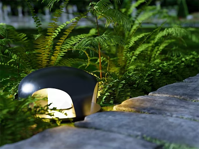 Illuminated Outdoor Light with Black Design Along Stone Path and Green Ferns 3d model