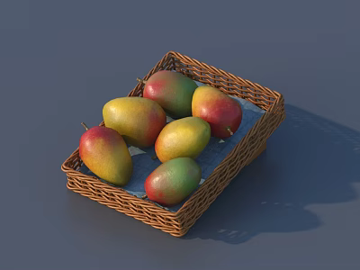 Fresh Ripe Mangoes with Yellow Red Green Hues in Brown Wicker Basket on Blue Surface 3d model