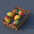 Fresh Ripe Mangoes with Yellow Red Green Hues in Brown Wicker Basket on Blue Surface