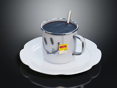 Silver Cup With Label Containing Dark Liquid And Metal Spoon On White Wavy Edge Plate 3d model