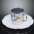 Silver Cup With Label Containing Dark Liquid And Metal Spoon On White Wavy Edge Plate