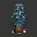 Decorative Wooden Tree Sculpture With Blue Leaves Red Mushrooms And Green Base