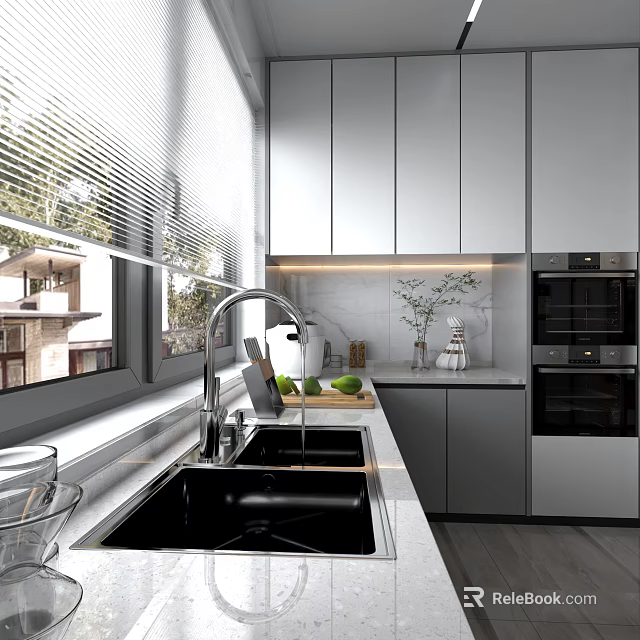 Modern Kitchen Interior Design With Gray Cabinets White Countertop Window Blinds And Oven 3d model 