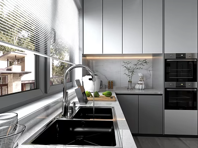 Modern Kitchen Interior Design With Gray Cabinets White Countertop Window Blinds And Oven 3d model