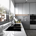 Modern Kitchen Interior Design With Gray Cabinets White Countertop Window Blinds And Oven