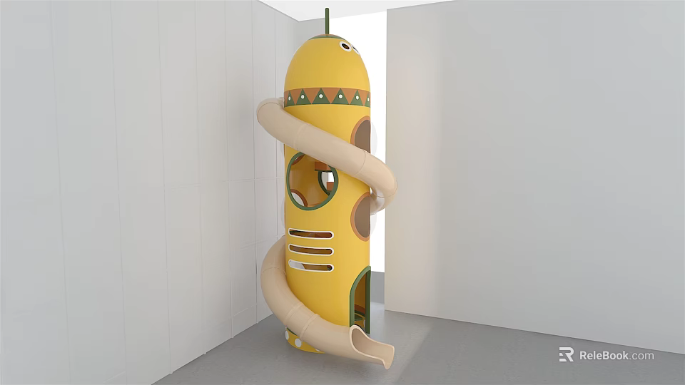 Yellow Indoor Play Equipment With Spiral Slide Circular Openings And Decorative Green Details 3d model 