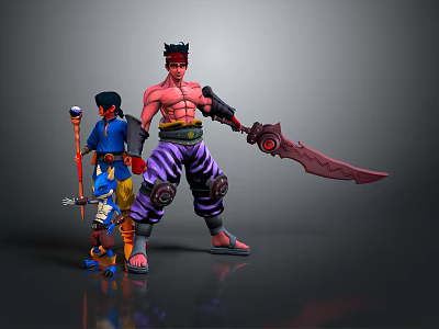 Tall Red Skinned Character With Giant Sword And Blue Robed Figure With Small Yellow Creature 3d model