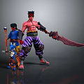Tall Red Skinned Character With Giant Sword And Blue Robed Figure With Small Yellow Creature