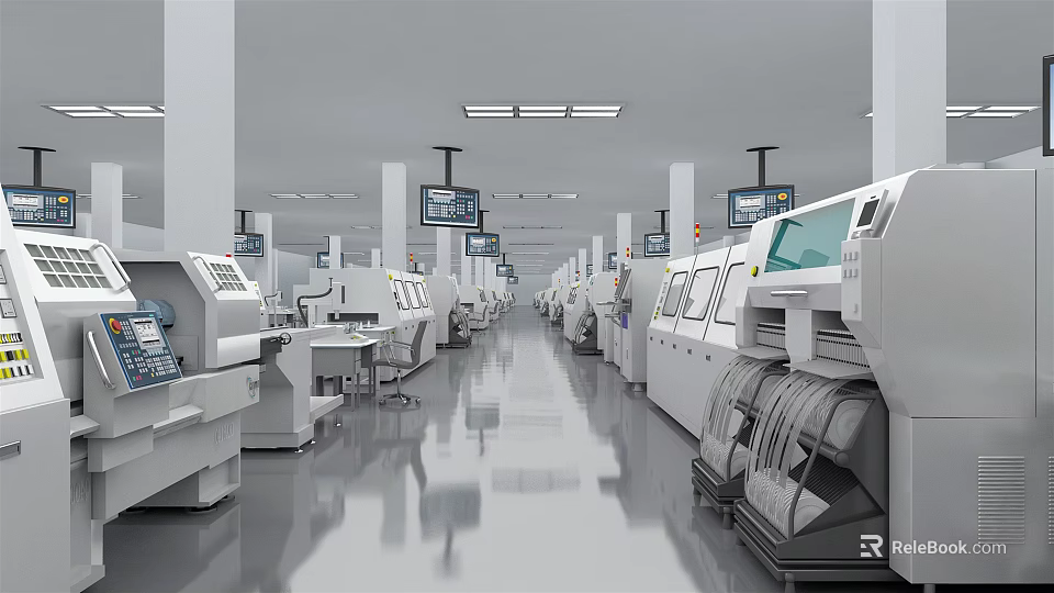 Modern Factory Workshop With Neatly Arranged Industrial Equipment Smooth Floors And Ceiling Lights 3d model 