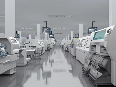Modern Factory Workshop With Neatly Arranged Industrial Equipment Smooth Floors And Ceiling Lights 3d model