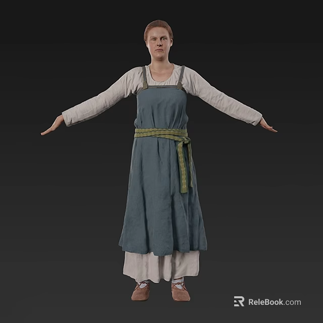 Woman In Blue Apron With White Long Sleeves And Green Belt Arms Outstretched 3d model 