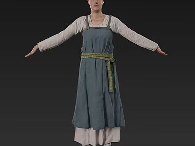 Woman In Blue Apron With White Long Sleeves And Green Belt Arms Outstretched 3d model
