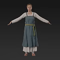 Woman In Blue Apron With White Long Sleeves And Green Belt Arms Outstretched