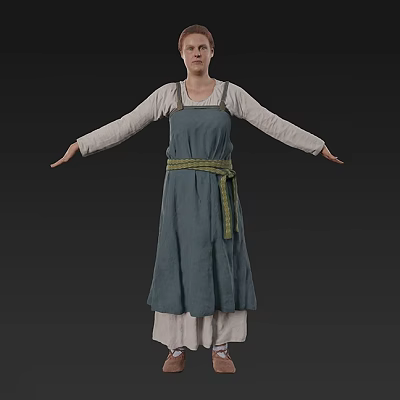 Woman In Blue Apron With White Long Sleeves And Green Belt Arms Outstretched 3d model