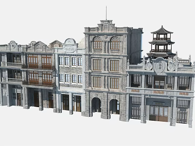 Vintage Commercial Street With Multi Story Buildings Chinese Style Tower And Traditional Storefronts 3d model