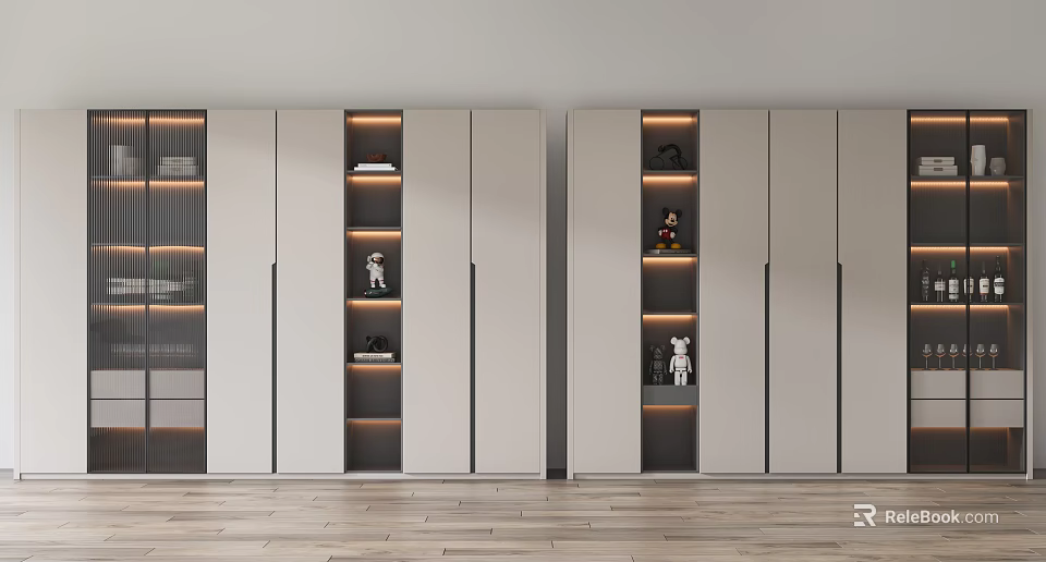 Modern Wine Cabinet With Lighted Shelves Decorative Ornaments And Spacious Storage 3d model 