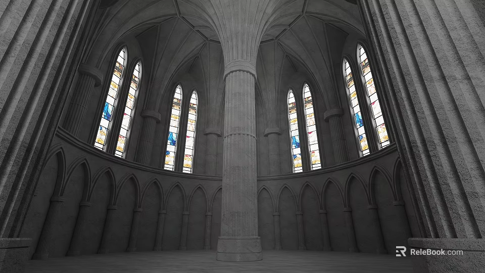 Grand European Architecture With Circular Structure Central Column And Stained Glass Arched Windows 3d model 