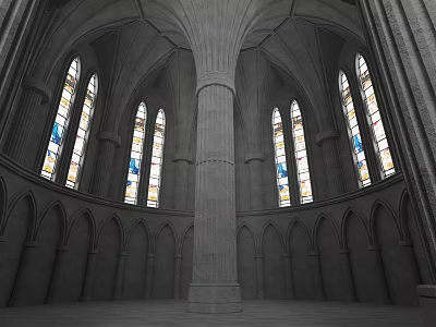 Grand European Architecture With Circular Structure Central Column And Stained Glass Arched Windows 3d model