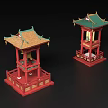 Traditional Chinese Lanterns With Red Base Green Roof Ornate Details And Bell Decorations