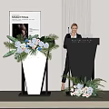 Elegant Podium Setup With Classic Fitness Display Board Floral Arrangement And White Vertical Striped Wall