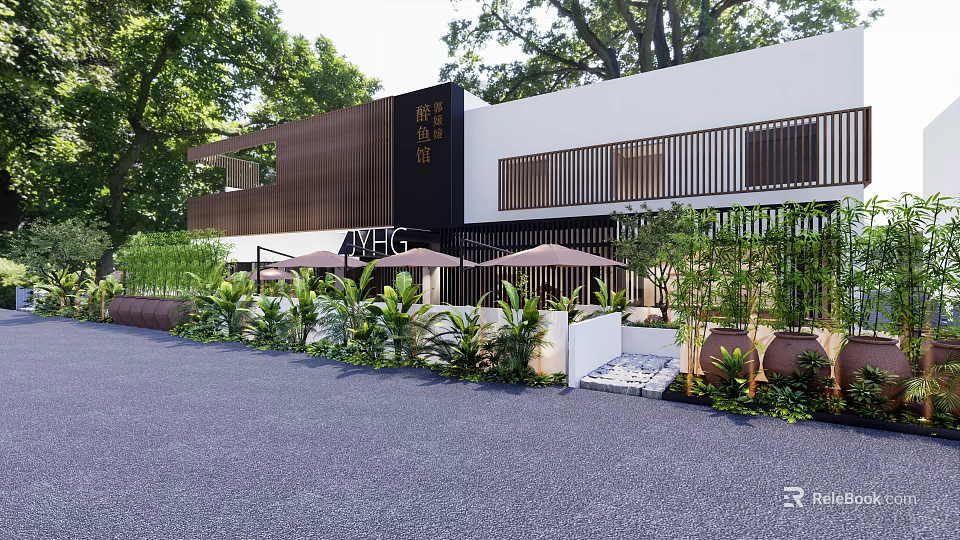 Modern Elegant Restaurant Exterior With White Walls Black Signage Green Plants And Umbrellas 3d model 