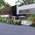 Modern Elegant Restaurant Exterior With White Walls Black Signage Green Plants And Umbrellas